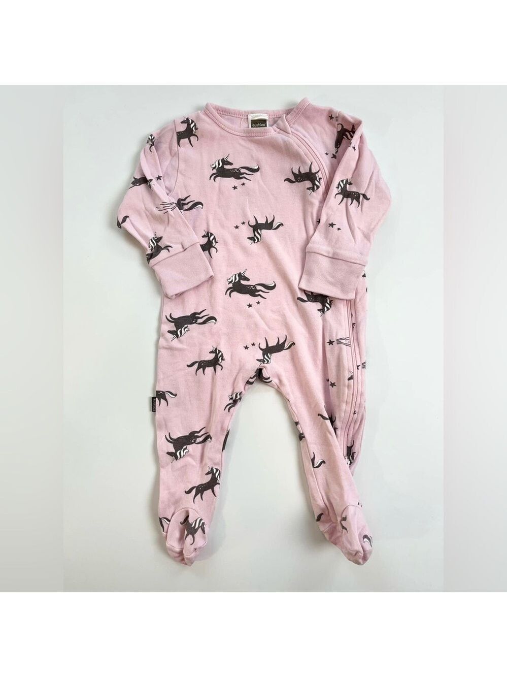 Kushies Organic Cotton Pink and Black Unicorn Print One Piece Footie Sleeper